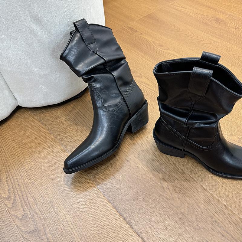 Cowhide Version~ Ruth Zhao Pointed Pile Boots Short Boots High Heel Retro Western Knight Boots Middle Boots