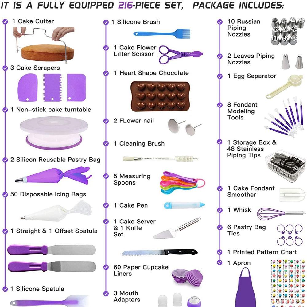 216 Pcs/set Cake Turntable Cake Decorating Tools Kit Rotary Table Baking Tool Piping Nozzle Piping Bag Set Baking Supplies