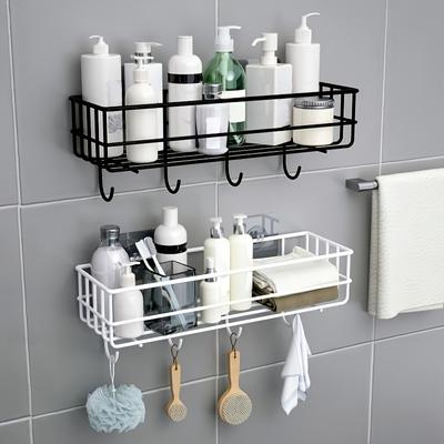 1pc Storage Rack With Hooks For Kitchen Bathroom Bedroom Office, Wrought Iron Bathroom Shelf, Punch Free Hanging Shelf