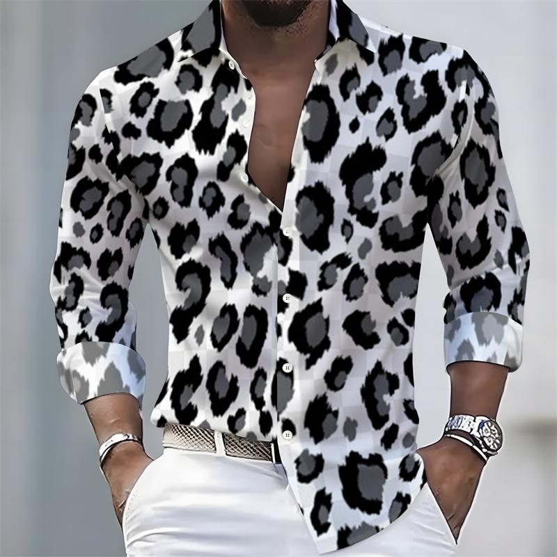 Men's Leopard Print Shirt Long Sleeve 3D Animal Pattern Button Down Spring Autumn Streetwear Tops