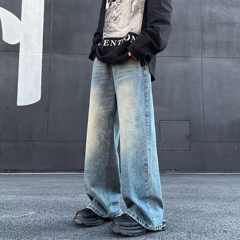 

Мужские джинсы прямого кроя с широкими штанинами в американском ретро-стиле с потертостями - Прямой, свободный крой для весны и осени S