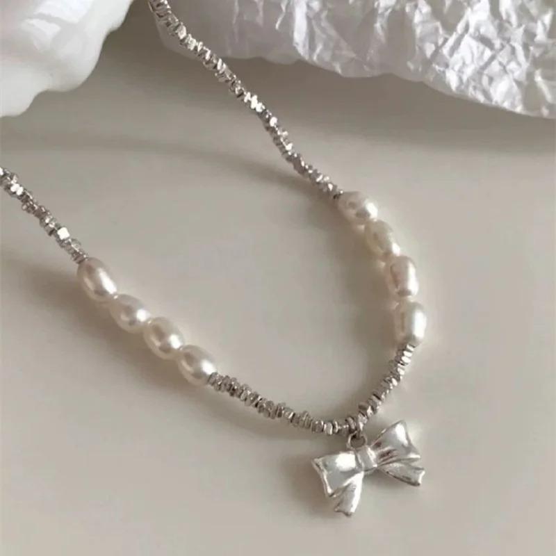 Y2K Elegant Bowknot Pearl Pendant Necklace Sweet Cool Choker Simple Clavicle Chain Adjustable Cute Jewelry for Women Girls Gifts