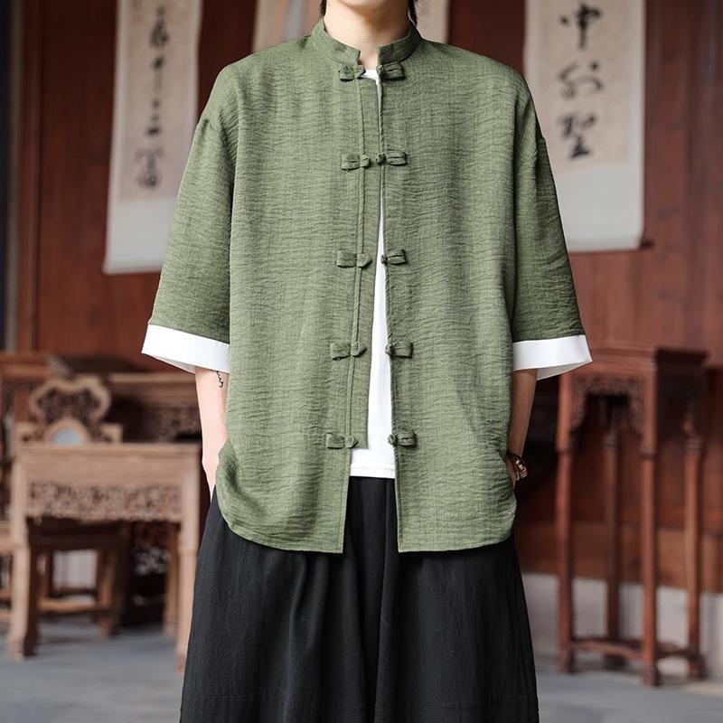 Mens White Chinese Style Mandarin Collar Frog Button Short Sleeve Shirt