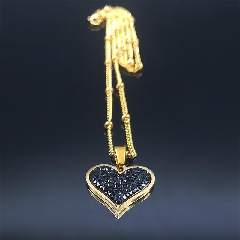 2026 Stainless Steel Black Crystal Heart Necklaces Charm Women Gold Color Small Pendants Necklaces Jewelry Bijoux N8261S01