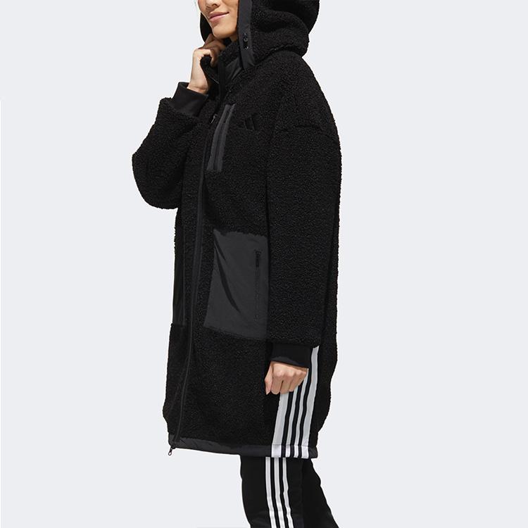 Adidas Urban Boa Long Plush Warm Mid-Length Knitted Hooded Jacket Women Outerwear Black GM1428