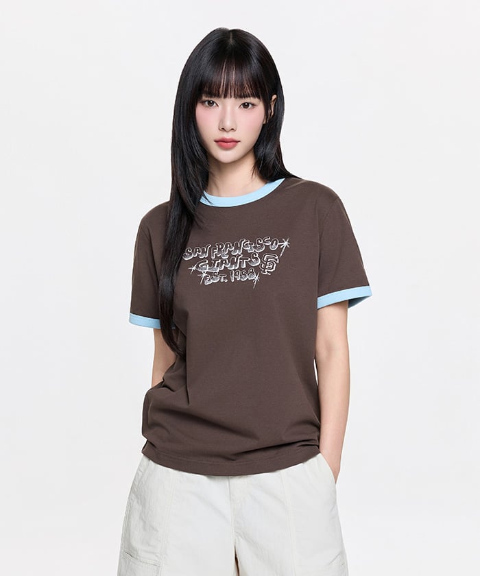 Emelbi Letter Graphic Regular Fit Ringer T-Shirt Sf (D.Brown)