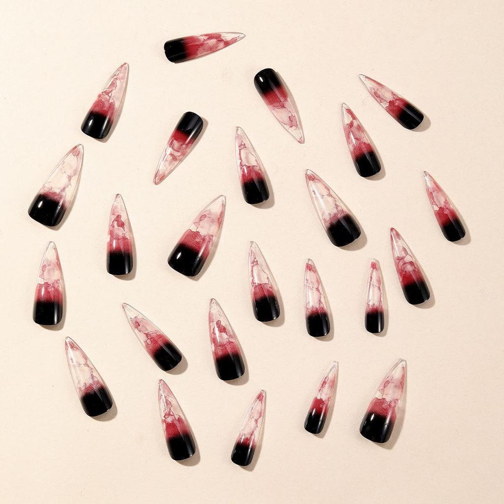 Blood-Stained Ombre Halloween Ballerina Nails – Long Black & Red Gradient Press-On False Nails
