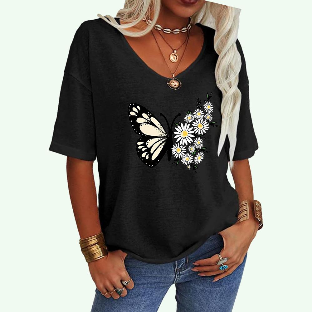 Damenmode V-Ausschnitt Lockeres T-Shirt Lässiges Oberteil mit Schmetterlingsdruck Damen Kurzarm-T-Shirt
