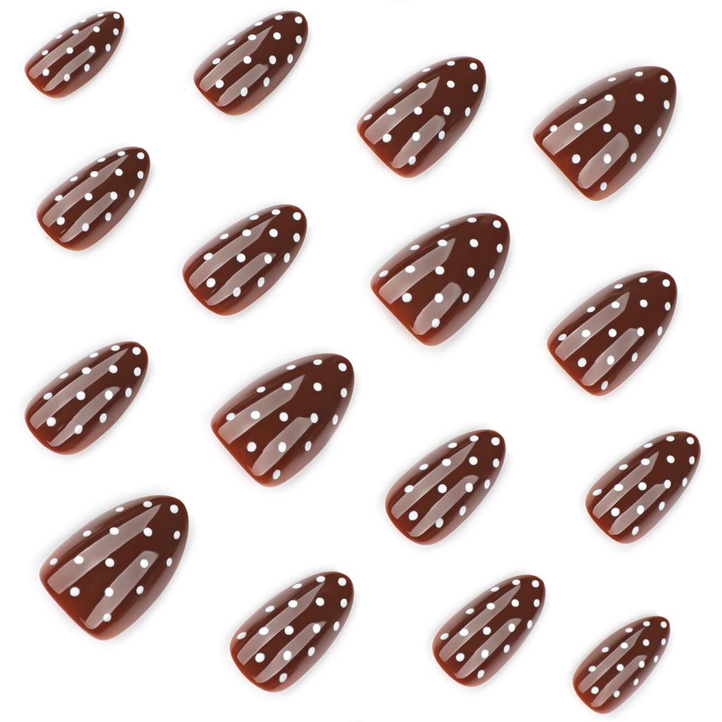 Brown Autumn/Winter White Polka Dot Almond-Shape Wearable Nails - Hot Selling Nail Art Tips