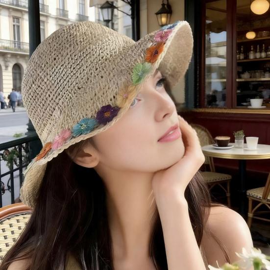 Beach Hat Hollow Design Large Eaves UV Blocking Colorful Flower Decoration Sun Protection Hat Portable Hand-Crocheted Straw Hat