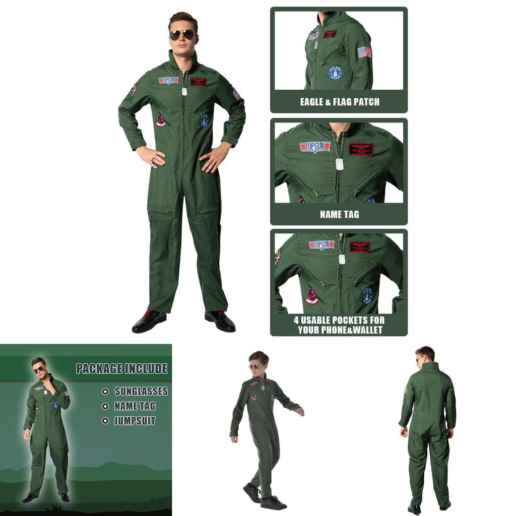 Top Gun pilots tērps Halloweena kostīms bērniem un pieaugušajiem Maverick Cosplay tērps ar saulesbrillēm un vārda zīmi