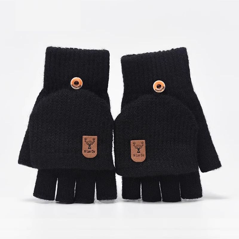 

Kids Gloves Autumn and Winter Boys Pupils Writing Cold-Proof Girl Wool Flip Half Finger Boys Black One size