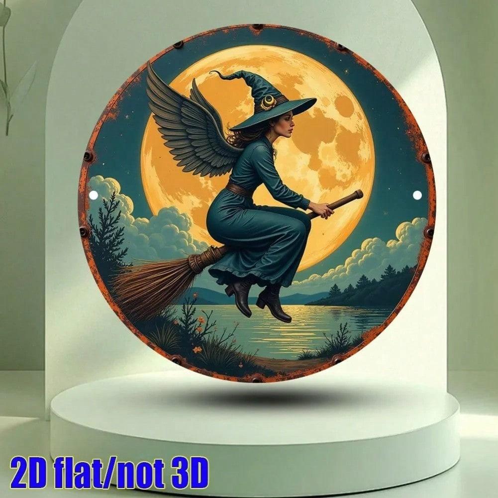Magic Winged Witch Metal Round Sign Vintage 2D Flat Wall Decor 7.8x7.8 Inch Waterproof Aluminum Art Home Garden Cafe Bar Decor