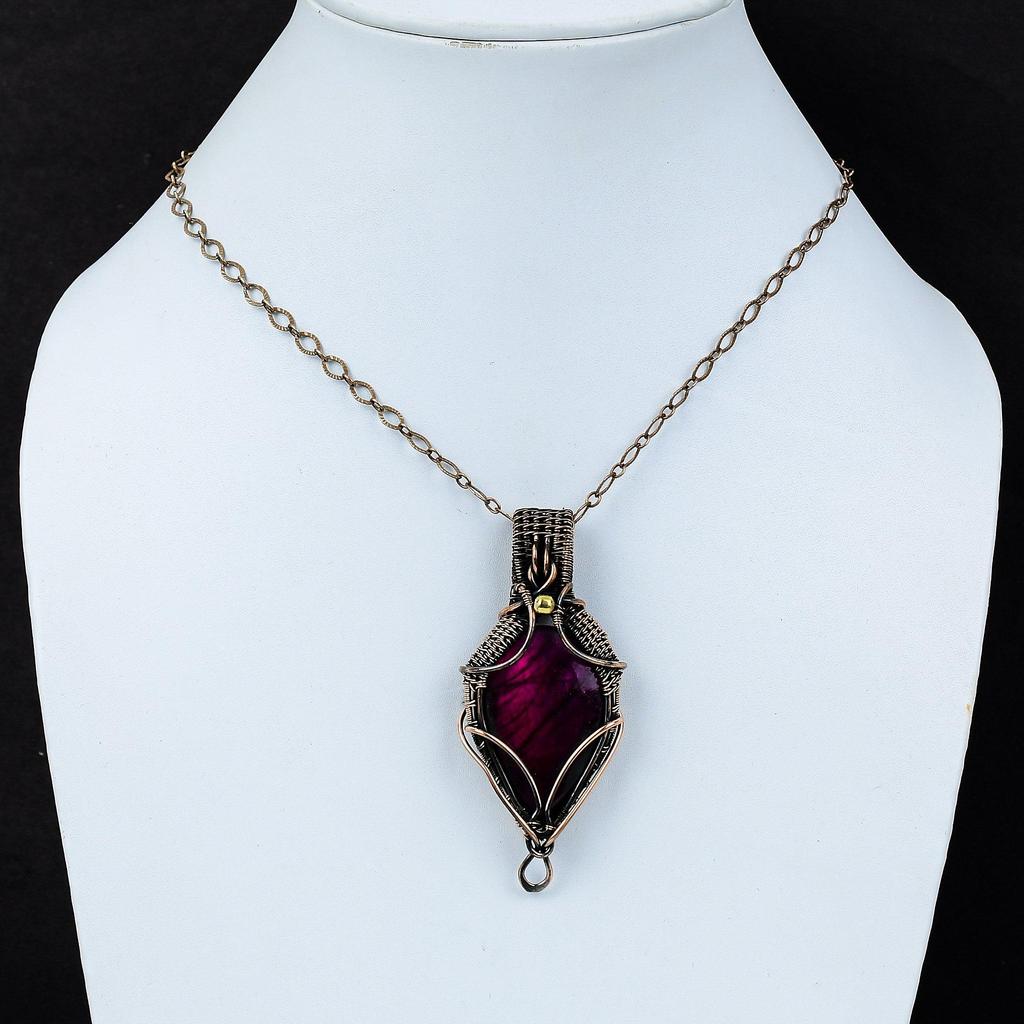 Bijoux pendentif faits à la main en fil de cuivre pur enveloppé de fil de cuivre pur de pierre précieuse de Labradorite Flash rose