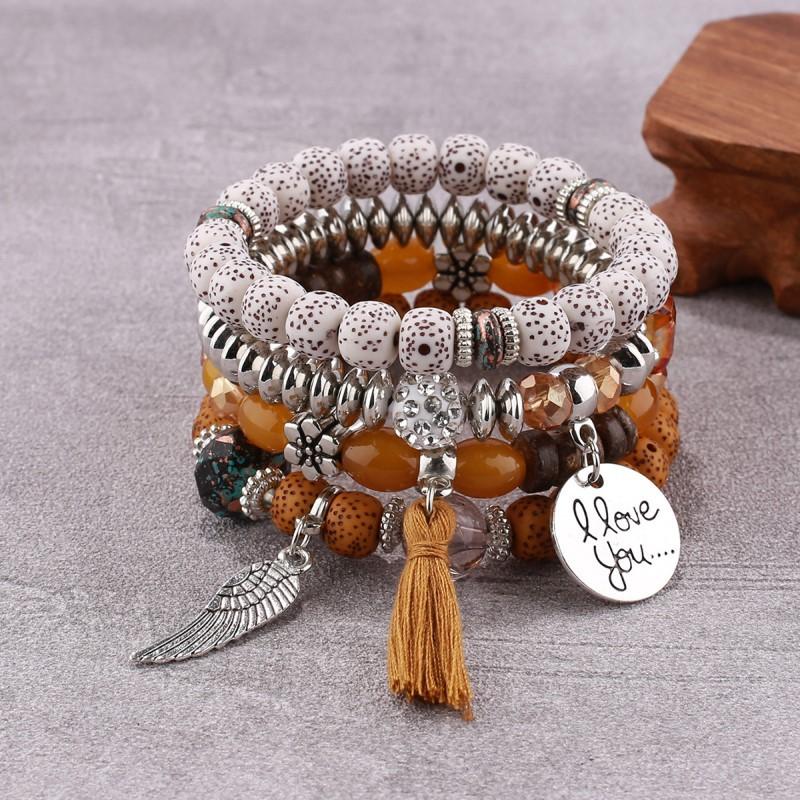 4PCS Bohemian Multi-Strand Beaded Bracelet Set with Fringe Tassel & Wing "I Love You" Charm - Women's Layered Jewelry Gift for Summer Fashion