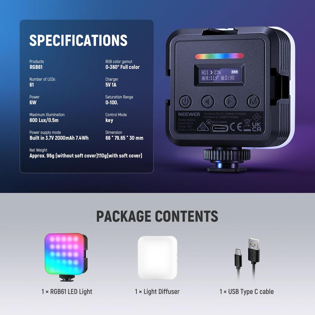 NEEWER RGB61 Magnetic Video Light, 360° Full-Color LED Camera Light, 800 Lux/0.5m, CRI97+ High Color Rendering, 2500K-8500K Dimmable, 20 Scene Modes,