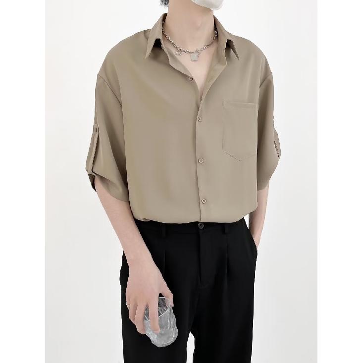 Hanging Five Quarter Sleeve Shirt For Men, Ice Silk Non Ironing Trendy Brand Top, Loose And Versatile Men'S Short Sleeved Shirt, Summer