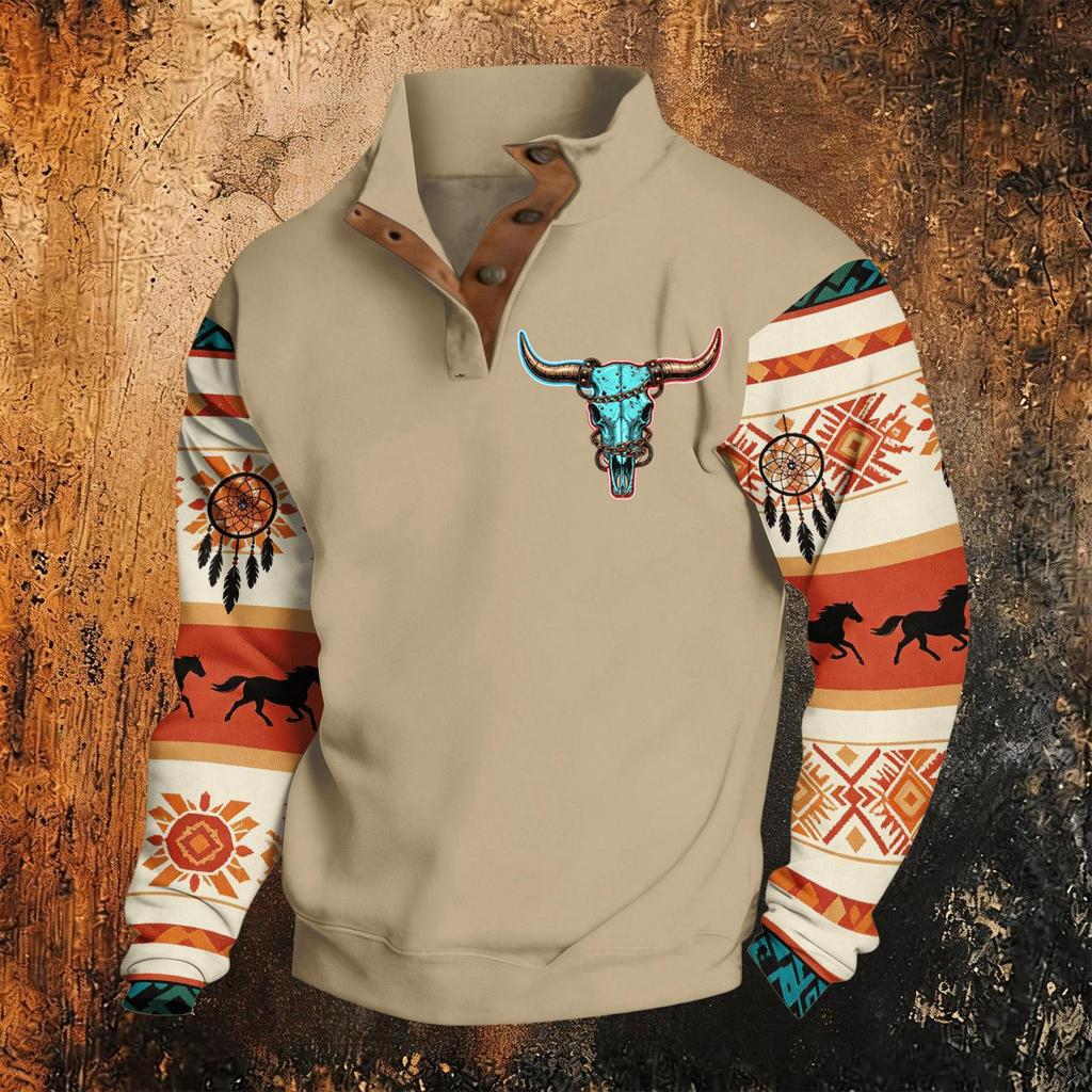 Men's Western Hooded Sweatshirt Long Sleeve Pattern Print Pullover