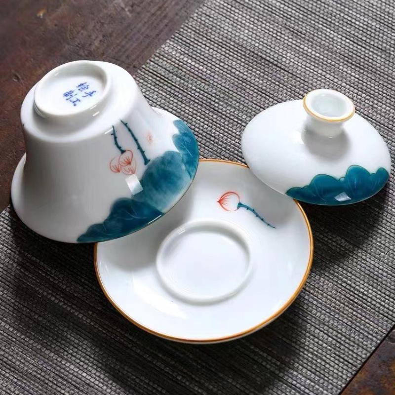 Hand-painted Tea Fat Jade White Porcelain Gaiwan Household Ceramic Tea Infuser Traditional with Cover Teacup