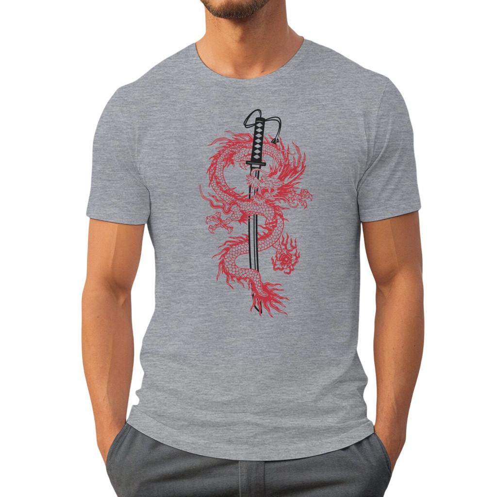 2026 Fashion Trend Unisexs Tshirts Personalized Geometric Dragon Print T Shirts Casual Style Katana And Dragon Print Streetwear