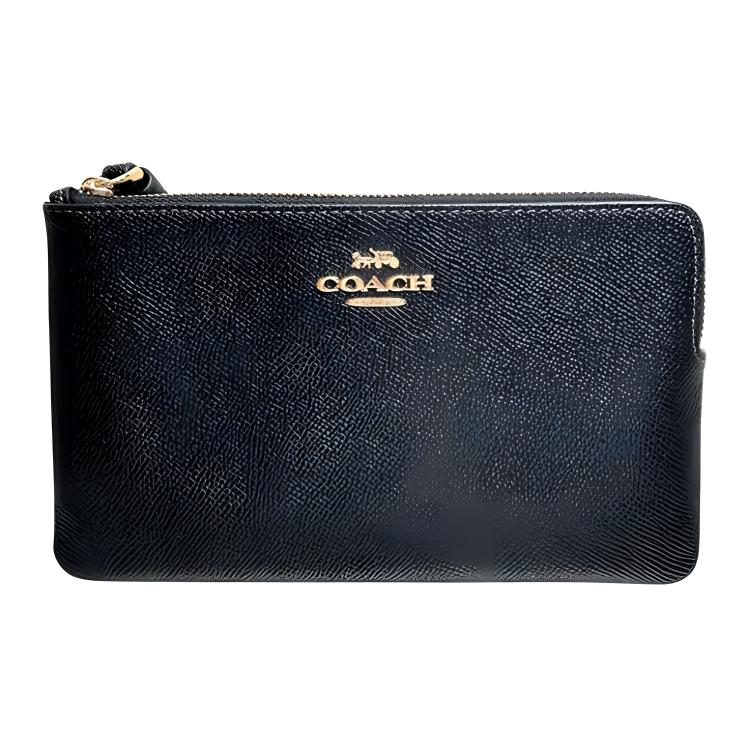 Coach Corner Zip Wristlet 20 With Metal Logo Zipper Closure In Crossgrain Leather Women Wristlet Gold Black CV395-IMBLK