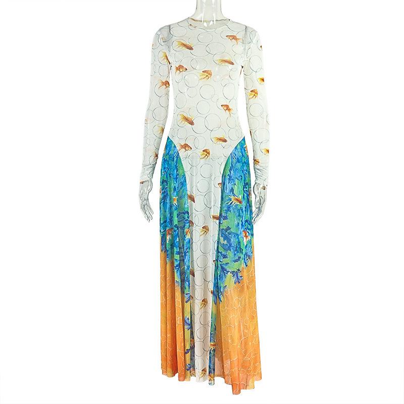

European/US Summer Fashion Printed A-line Skirt Round Neck Waist-Cinching Long Sleeve Dress XL