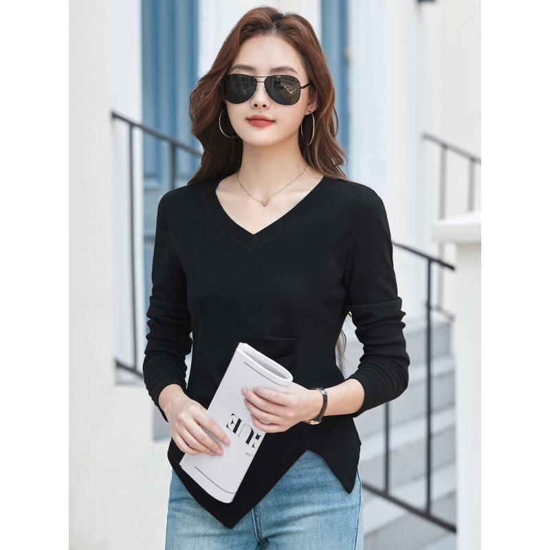 Autumn New Long Sleeve Irregular Waist T-Shirt Versatile Solid Color Slimming Elegant Women's Top