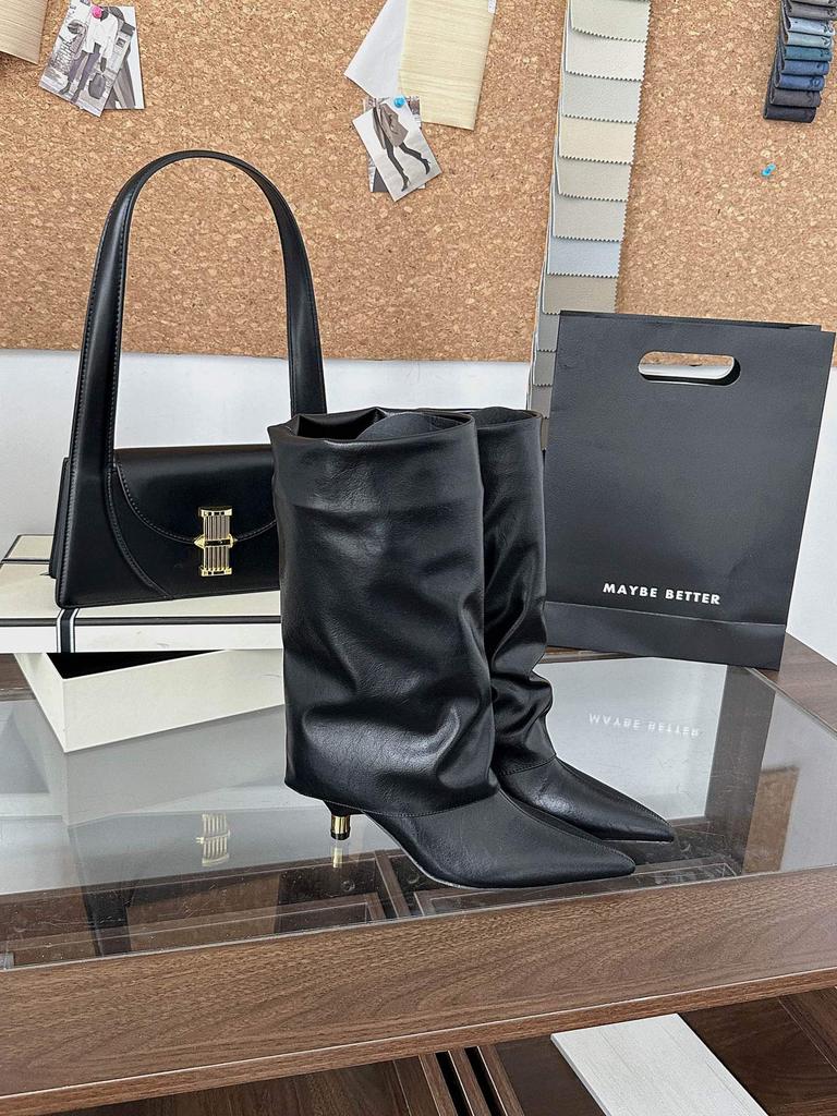 2025 new European and American style wide tube thin metal thin heel pointed middle boots