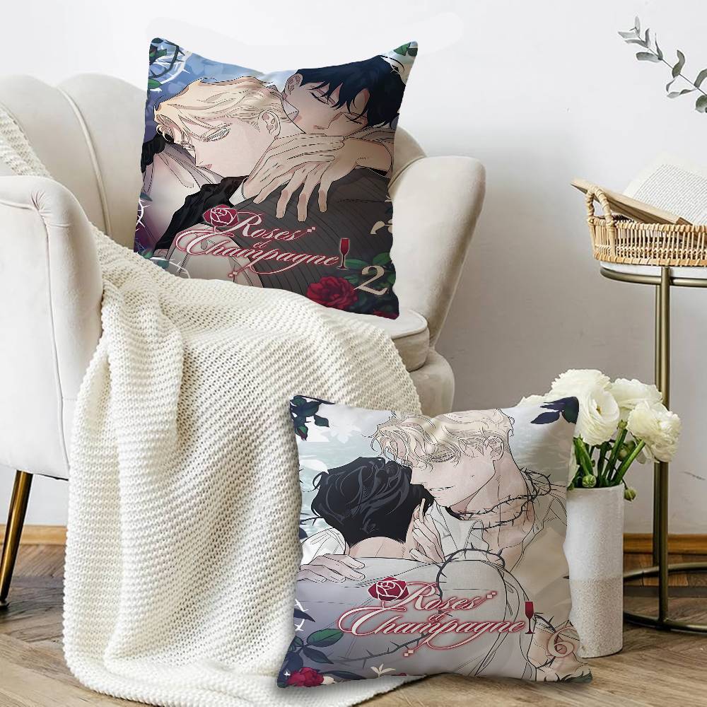 Korean Manhua Roses And Champagne Pillowcase Toon Gift Cushion Cover Bedroom Home Sofa Chair Seat Decor Pillow Case