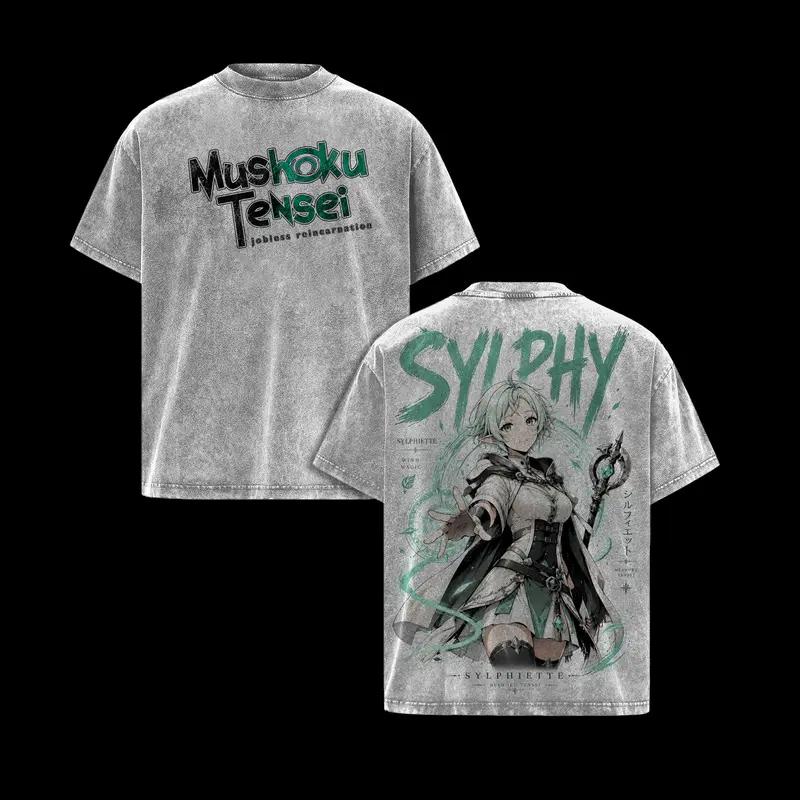 Mushoku Tensei Sylphy Printed Tee Men Women Retro Washed T-shirts Oversized Cotton T Shirt Short Sleeve Clothing Harajuku Tshirt
