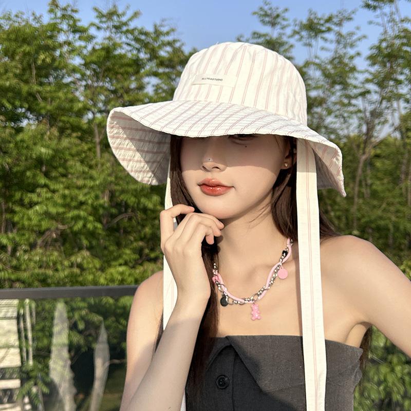 Spring and Summer Korean Blue Striped Strap Fisherman Hat Women's New Outdoor Sun Hat Big Brim Sun Protection Hat