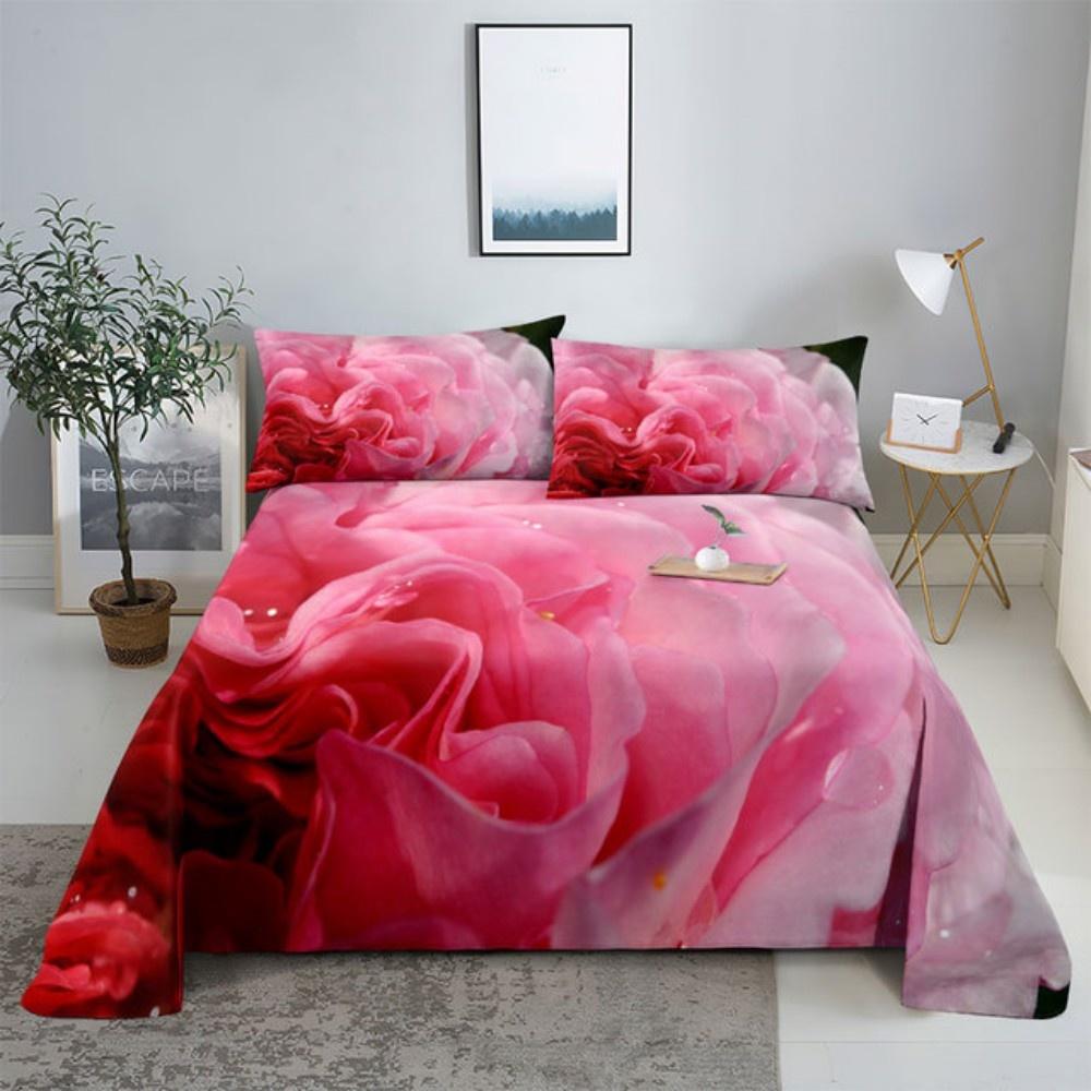 Pink Rose Bed Sheet Sets 3D Print Flowers Bed Flat Sheet for Women Girls King Queen Full Twin Size 2/3pcs Bed Linen Room Decor