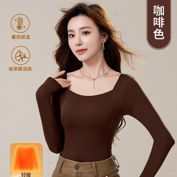 Light and warm square collar skin clothes, warm long-sleeved autumn and winter with chest pads, slim fit and bottom integrated bra