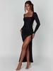 Sexy Square Neck Long Sleeve Bodycon Dress with Slit and Tie-up Design