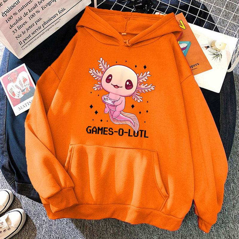 (Unisex hoodie)Cute Game Solotl Axolotl Video Gamer Letter Printing Hoodies Loose Sweatshirt Women Unisex Personality Long Sleeved