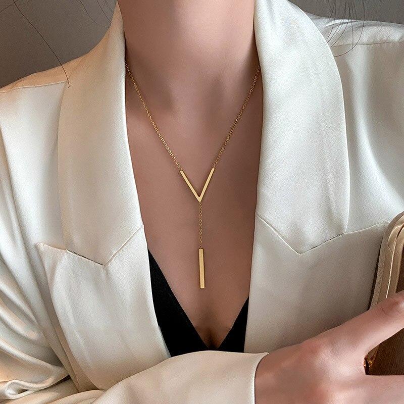 1PC Gold-color Stainless Steel Long Bar Tassel Paragraph V Shaped Collarbone Necklace Female Holiday Party Minimalist Style