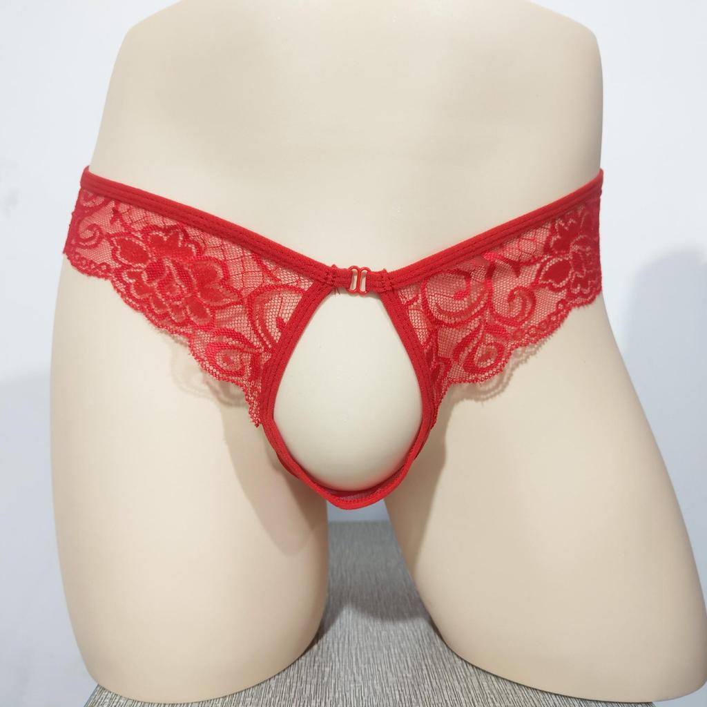 Damskie seksowne stringi koronkowe z odkrytym krokiem - prześwitujący niski stan