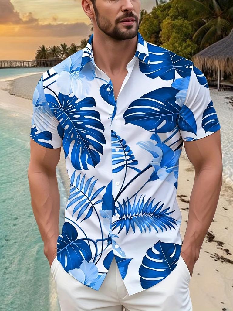 Herren Tropenmuster Kurzarm Hemd mit Knöpfen - Lockerer Schnitt Kragen Sommer Strandhemd mit Ganzkörper Palmenblatt & Hibiskus Mustern, Leicht Casual