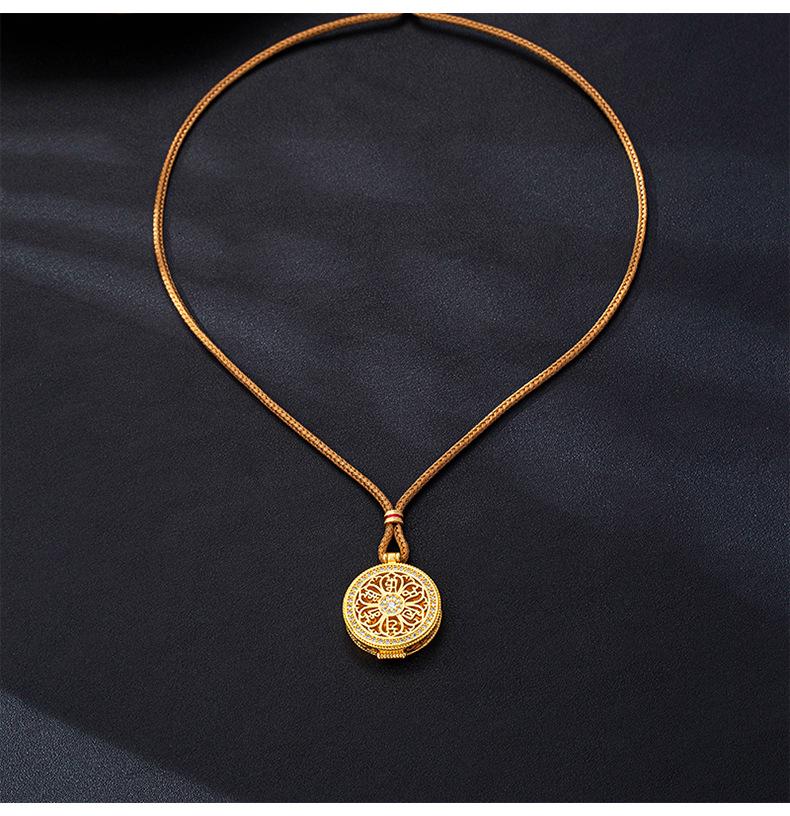 Women's Trendy Gold Sand Compass Pendant Necklace with Diamond-Inlaid Eight Treasures and God of Wealth Design