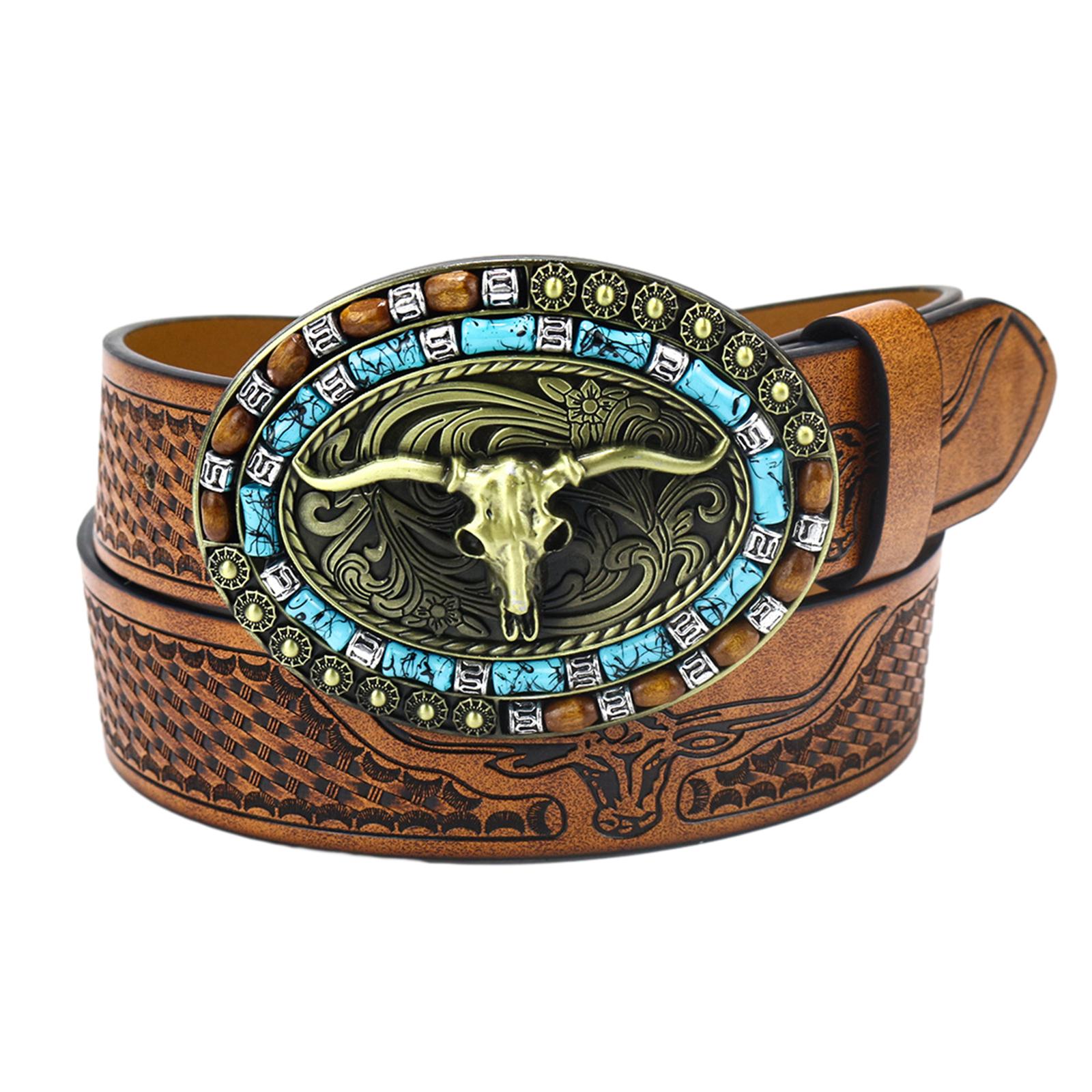 

Ethnic Style Man Waist Belt with Relief Bull Head Buckle Adjustable Buckle Waist Belt All-Match Dresses Coat Waistband