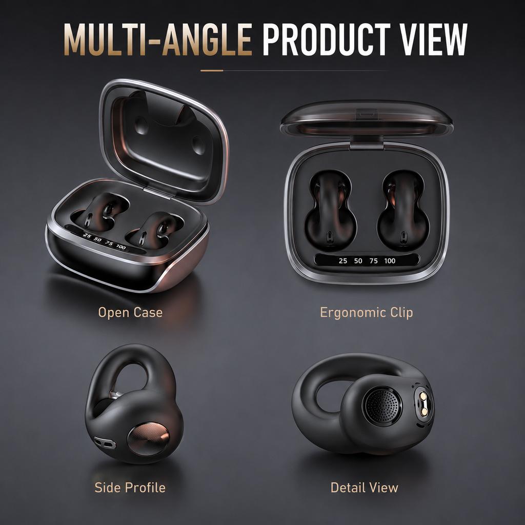Air Conduction Clip-On Headphones Bluetooth 5.3 Earphones with 36H Playtime LED Display CVC8.0 Calls Touch Control Type-C IPX6