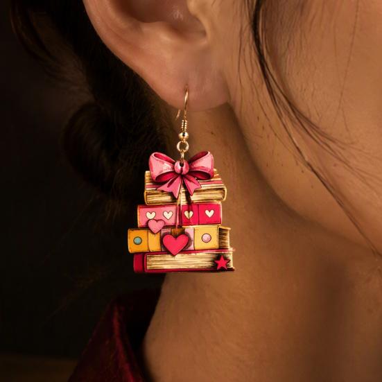 Acrylic Dangle Earrings 1 Pair Book for Women, Vintage Stacking with Pink Worm Gift Ideas Bow And Heart, Funny Jewelry, Back to School Gifts Teachers