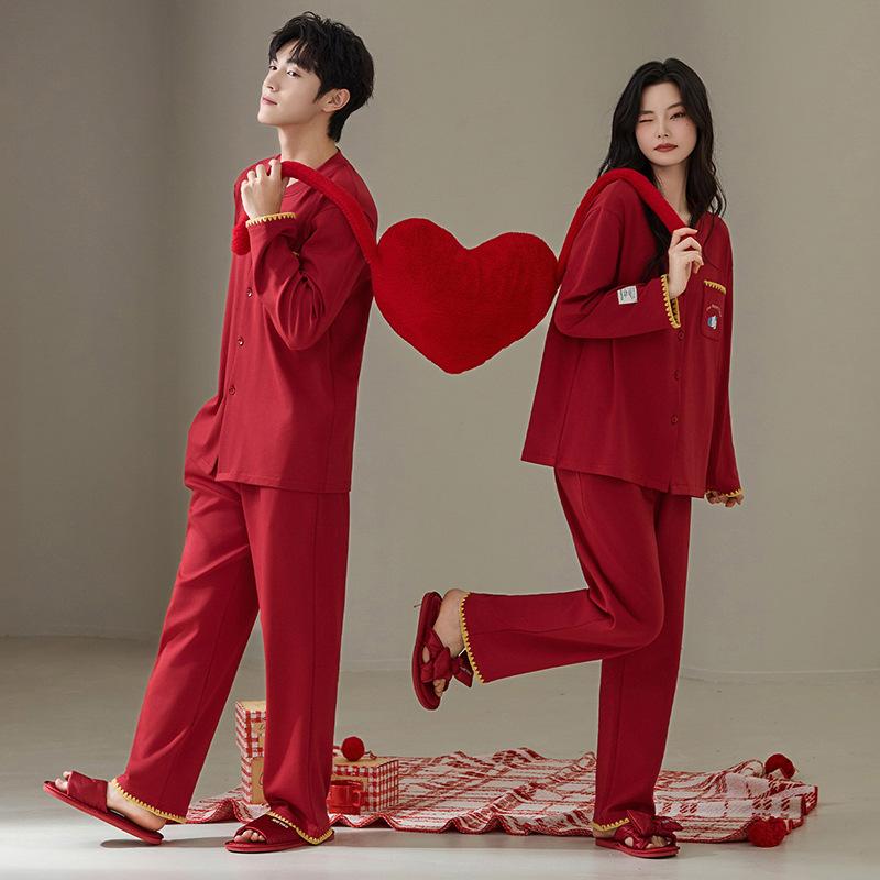 1A Antibacterial Red Couple Pajamas Wedding Pure Cotton Men's Natal Year Spring and Summer Loungewear Set Wedding Gift