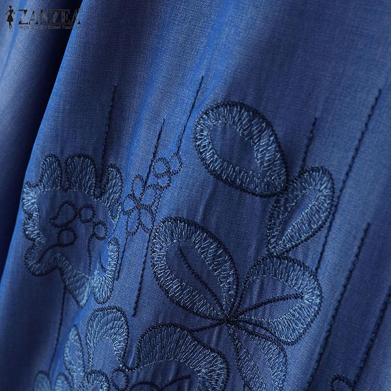 ZANZEA Dame Bluse med nedbrettskrage, 3/4-ermer, løs passform, broderi