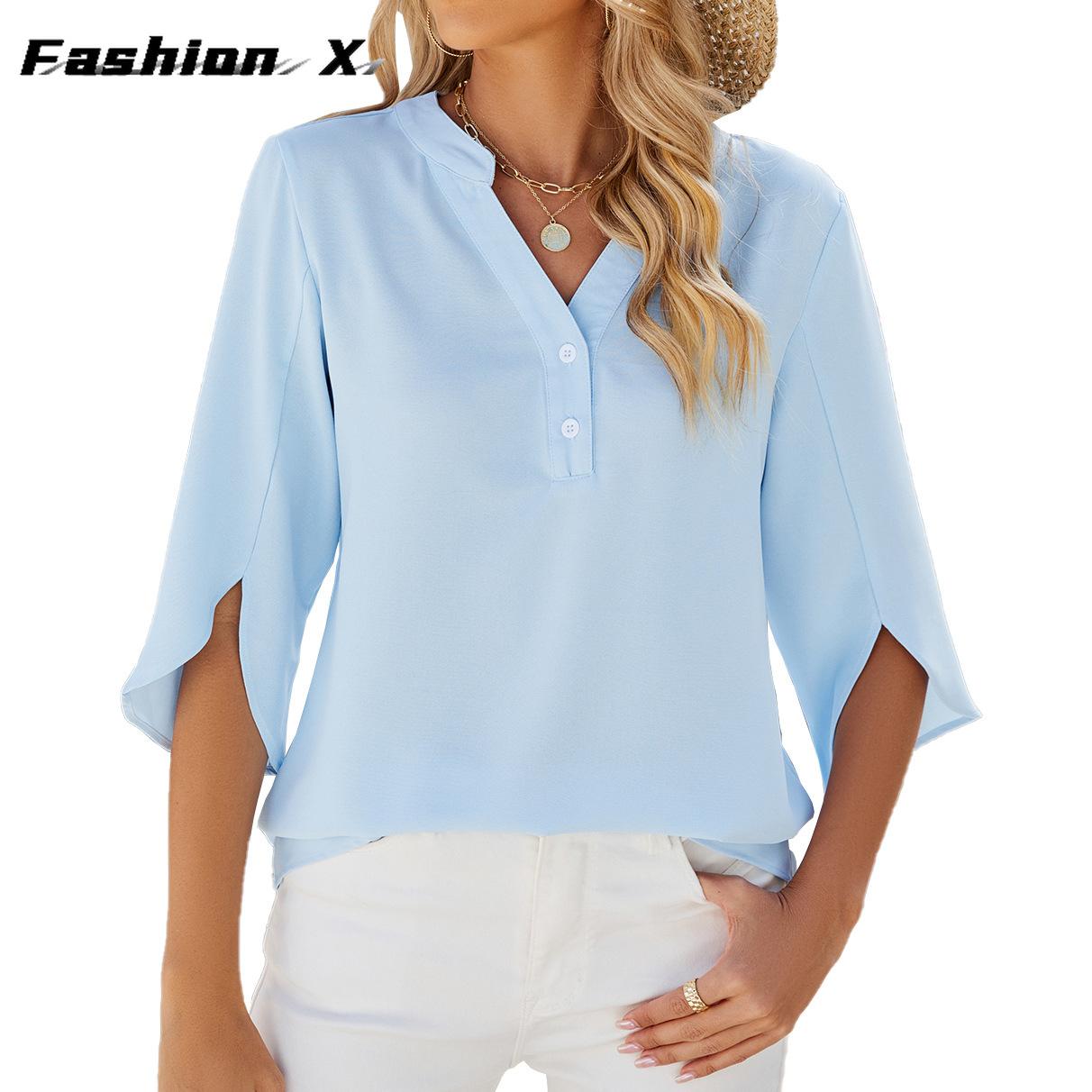 

Однотонный шифоновый топ с v-образным вырезом и средними рукавами, женская шифоновая рубашка 2XL небесно-голубой