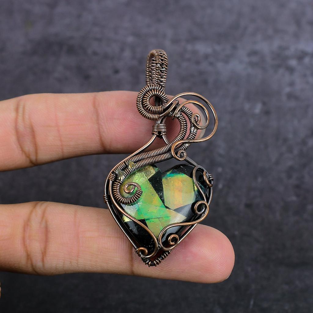 Natural Dichroic Glass Gemstone Copper Wire Wrap Jewelry Pendant 2.60" B0b72