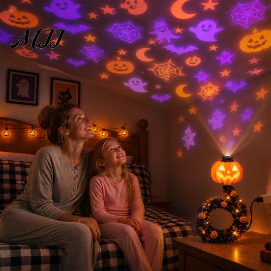 Halloween Decor Lamp USB Pumpkin Projector Lamp, Flexible Gooseneck Night with 8 LED Projection Films, Ambient for Bedroom Ceiling Decoration