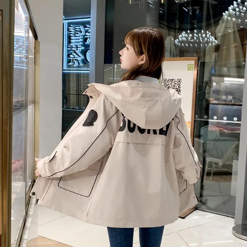 Werkzeugjacke Damen Frühling und Herbst Koreanische Version Locker Mode Alleskönner Kapuzenwindjacke Studenten