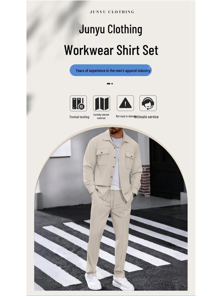 Completo casual da uomo autunnale europeo con giacca a maniche lunghe a nido d'ape e pantaloni