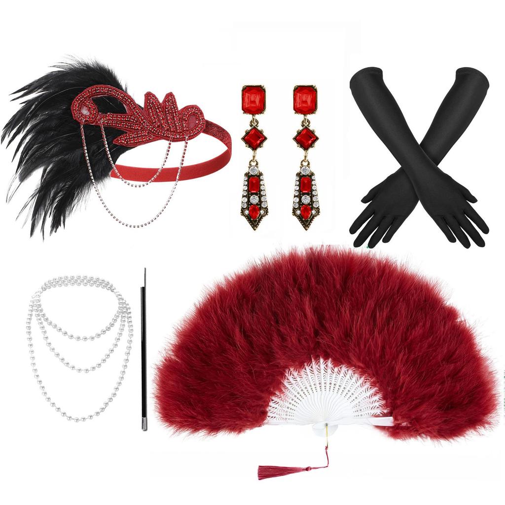 Gatsby Feder Stirnband & Perlenkette Set mit Zigarettenhalter, Handschuhen und Fächer - Retro 1920er Hepburn Kostüm